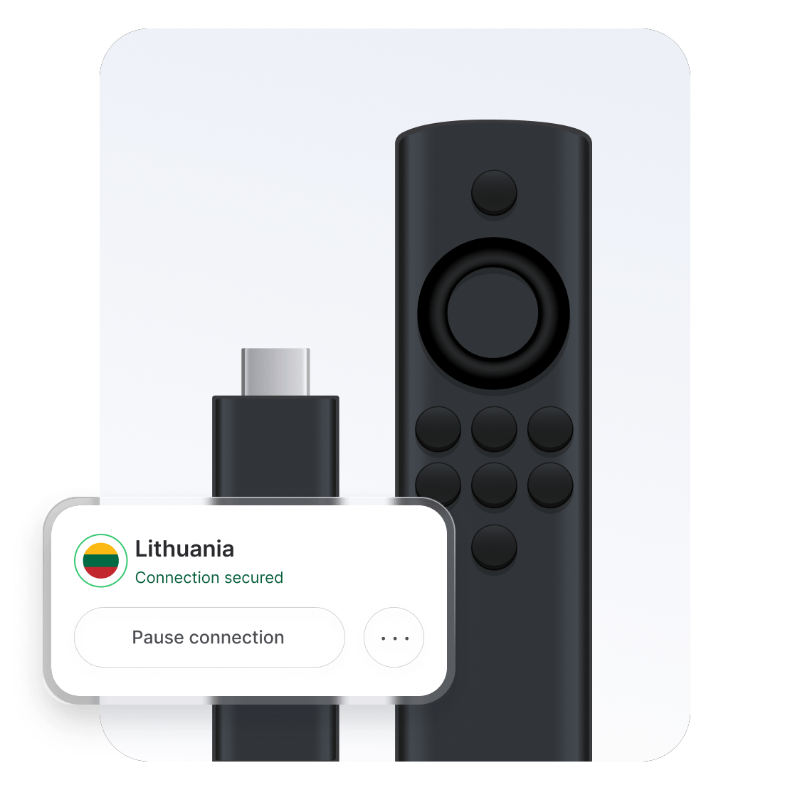 „Amazon Fire TV Stick“ įrenginys, prijungtas prie „NordVPN“ serverio Lietuvoje.