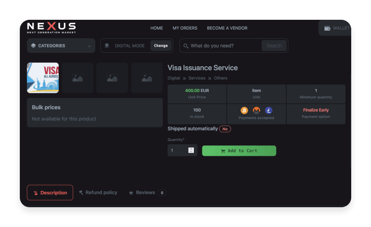 Lista de la dark web que ofrece servicios falsos de expedición de visados en venta.