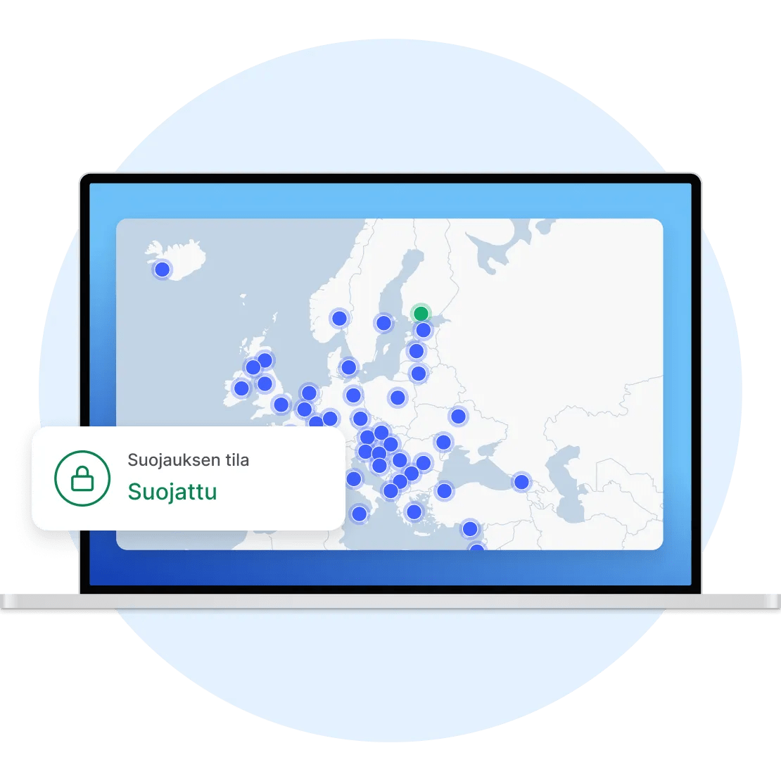 Kannettava tietokone, jossa NordVPN:n sovellus on auki ja joka on yhdistetty palvelimeen Yhdysvalloissa.