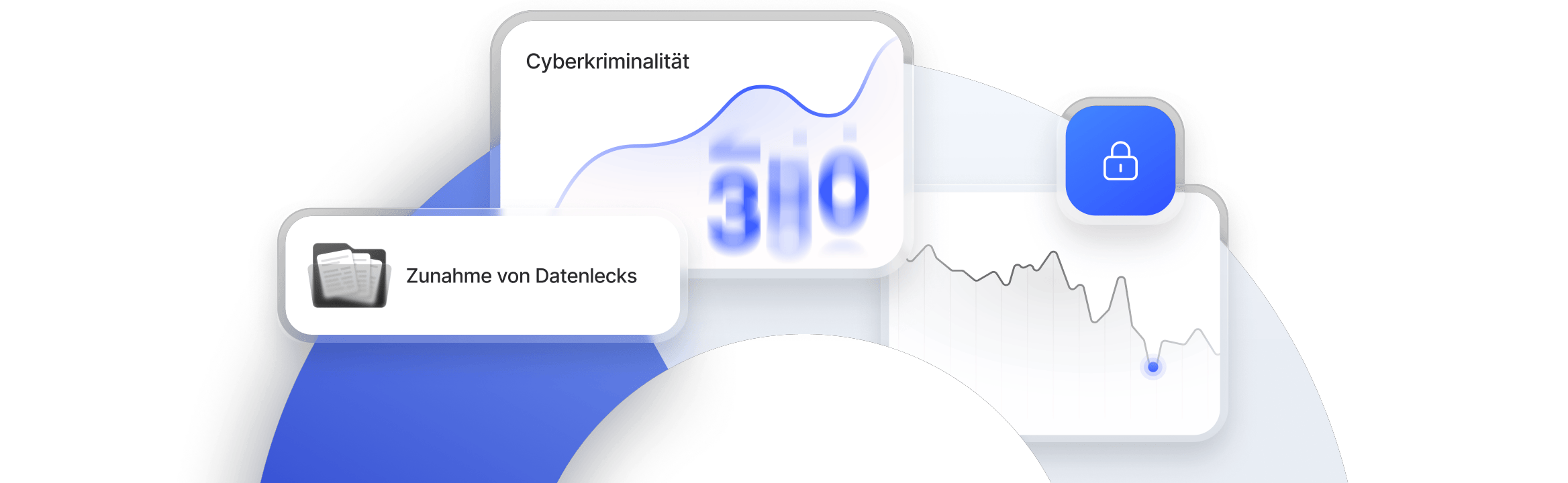Cyberkriminalitäts-Dashboard, das eine steigende Zahl von Datenlecks und Sicherheitstrends zeigt, neben einem Schlosssymbol, das für Sicherheit steht.