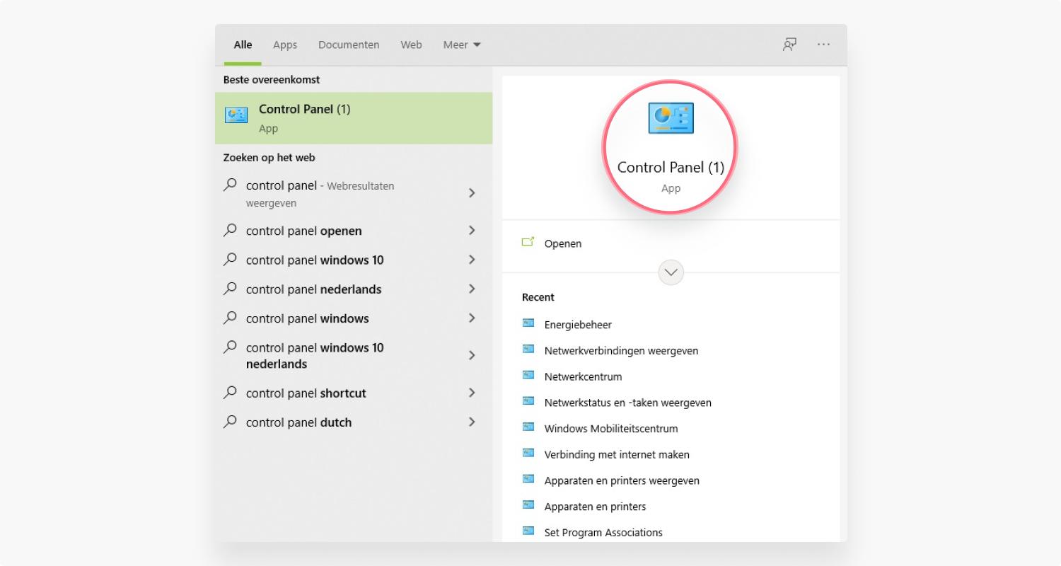 Je kunt het IP-adres van je router ook via het Control Panel vinden stap 1