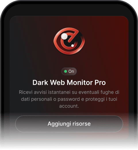 Interfaccia di Dark Web Monitor Pro che mostra che la funzionalità è attiva e impostata per inviare avvisi in caso di violazione dei dati personali.