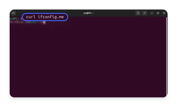 Terminal showing the “curl ifconfig.me” command being typed in Linux.