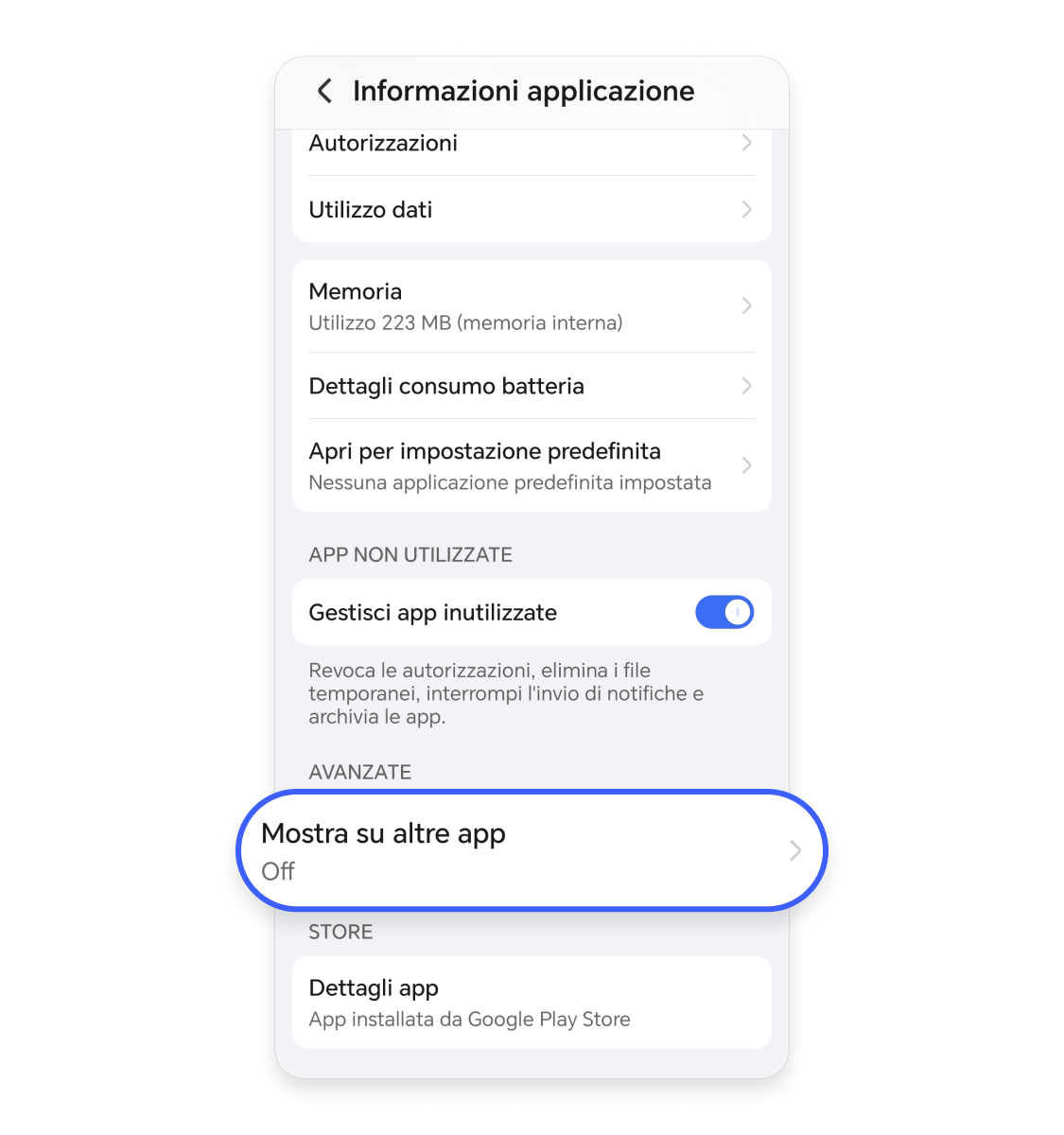Informazioni app e mostra su altre app