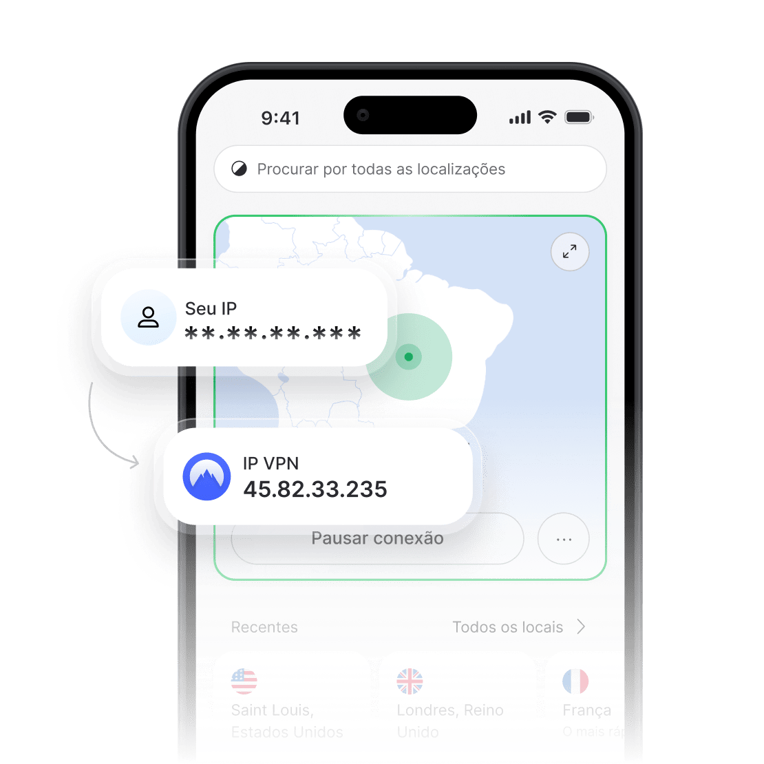 Aplicativo da NordVPN mostrando um endereço IP real oculto e o novo endereço IP de uma VPN.