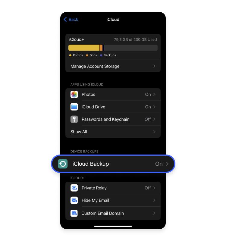 Turn iCloud backup on