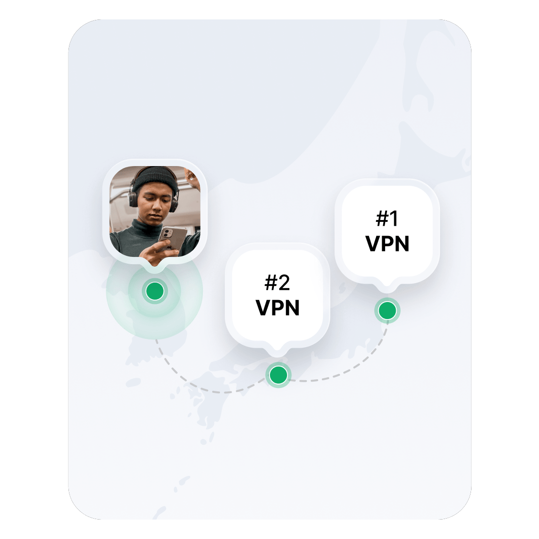 두 개의 VPN 서버 위치를 보여주는 아시아 지도.