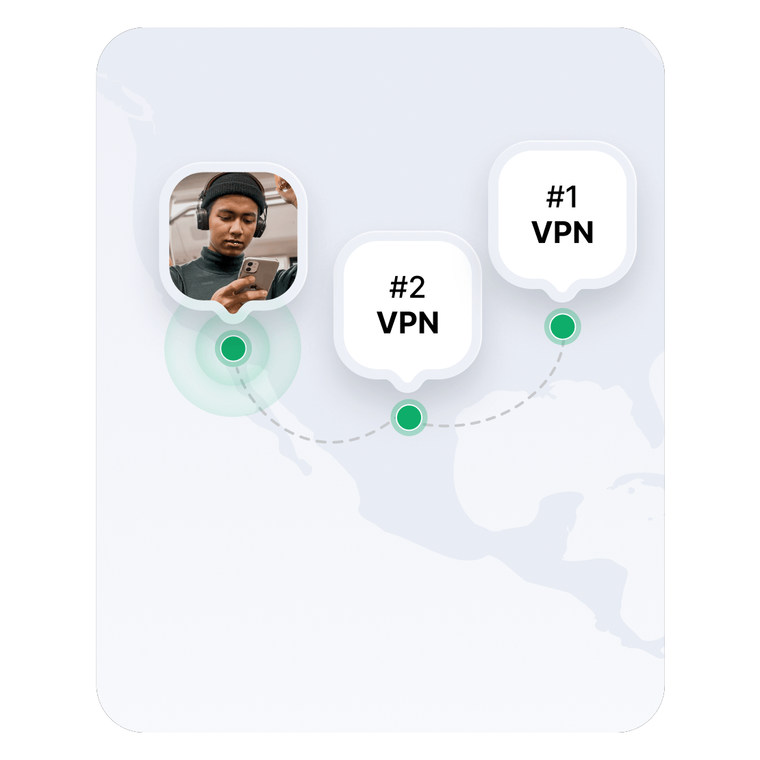 Un mapa de Estados Unidos que muestra dos ubicaciones de servidores VPN.