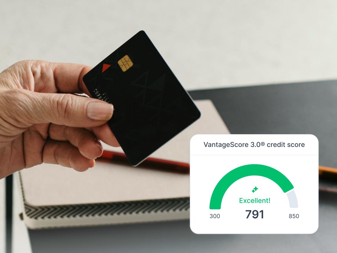 A person holding their credit card next to an “Excellent” credit card score infographic.