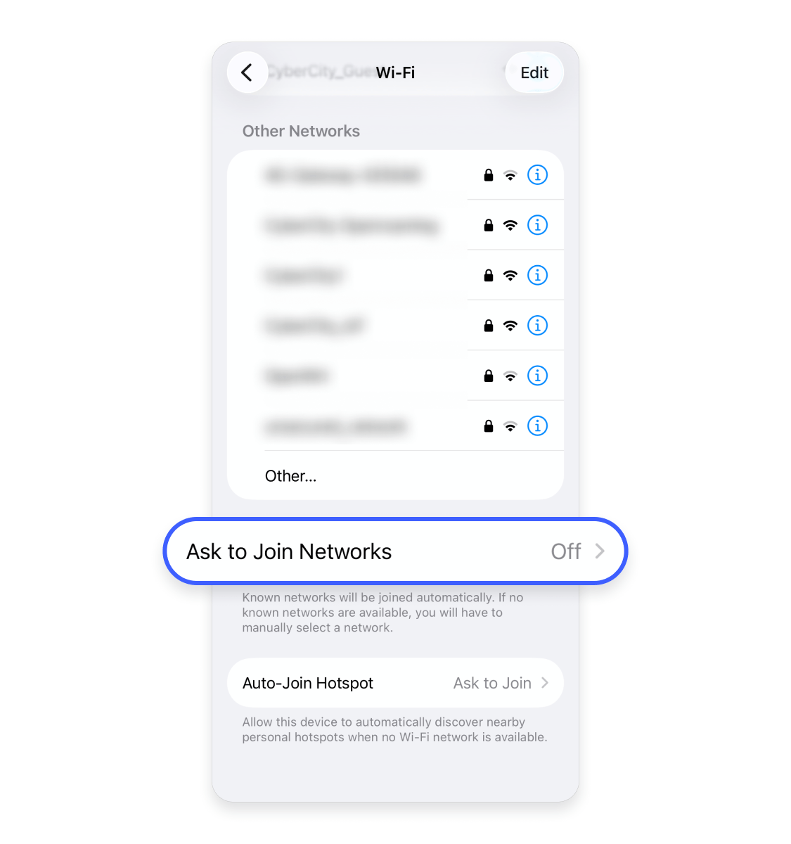 How to turn off automatic Wi-Fi connections on an iPhone: Step 2.
