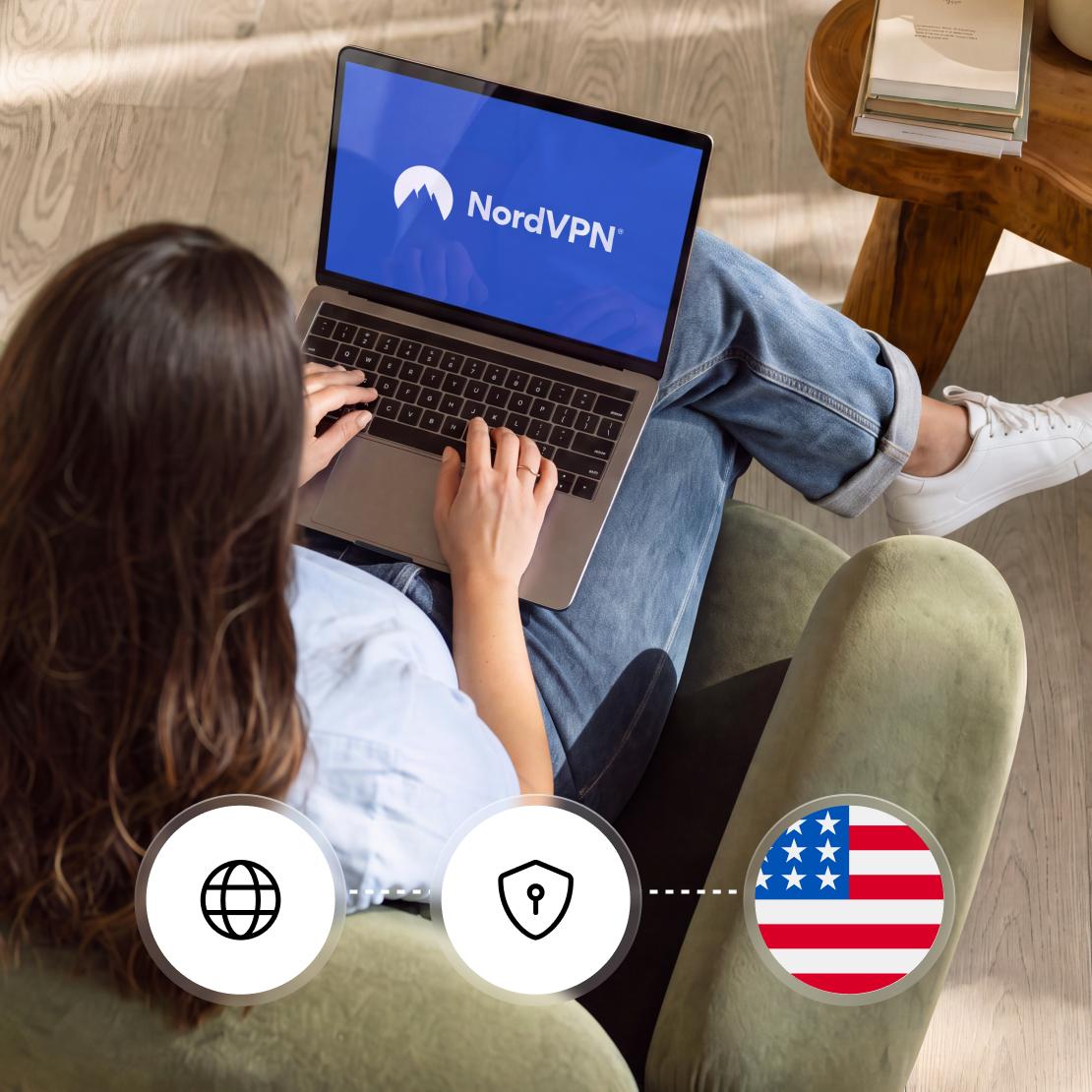 女子正透過筆記型電腦連上 NordVPN 的美國伺服器。