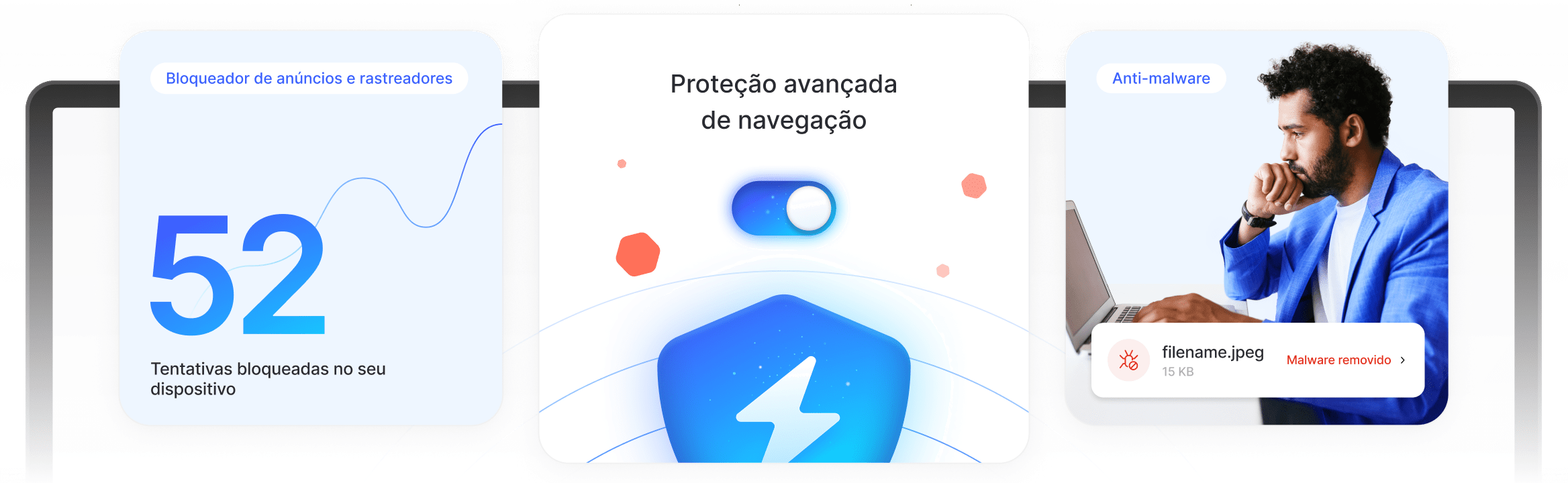 Um homem aproveita a proteção de navegação avançada e evita anúncios, rastreadores e downloads maliciosos.