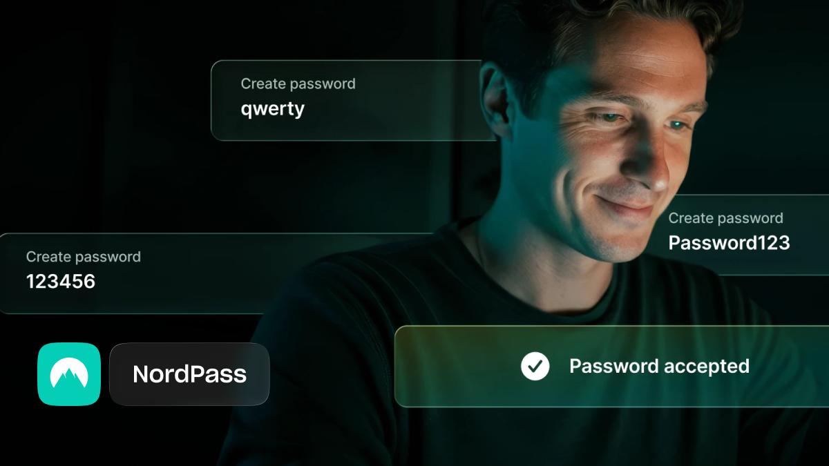 A person at a screen surrounded by weak passwords like qwerty and 123456, all accepted.
