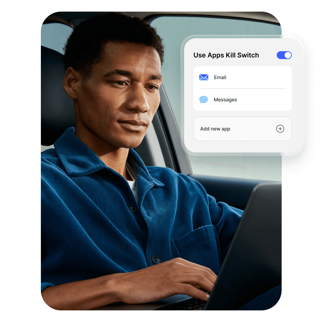 A man happily browsing on his laptop with the Kill Switch feature enabled.