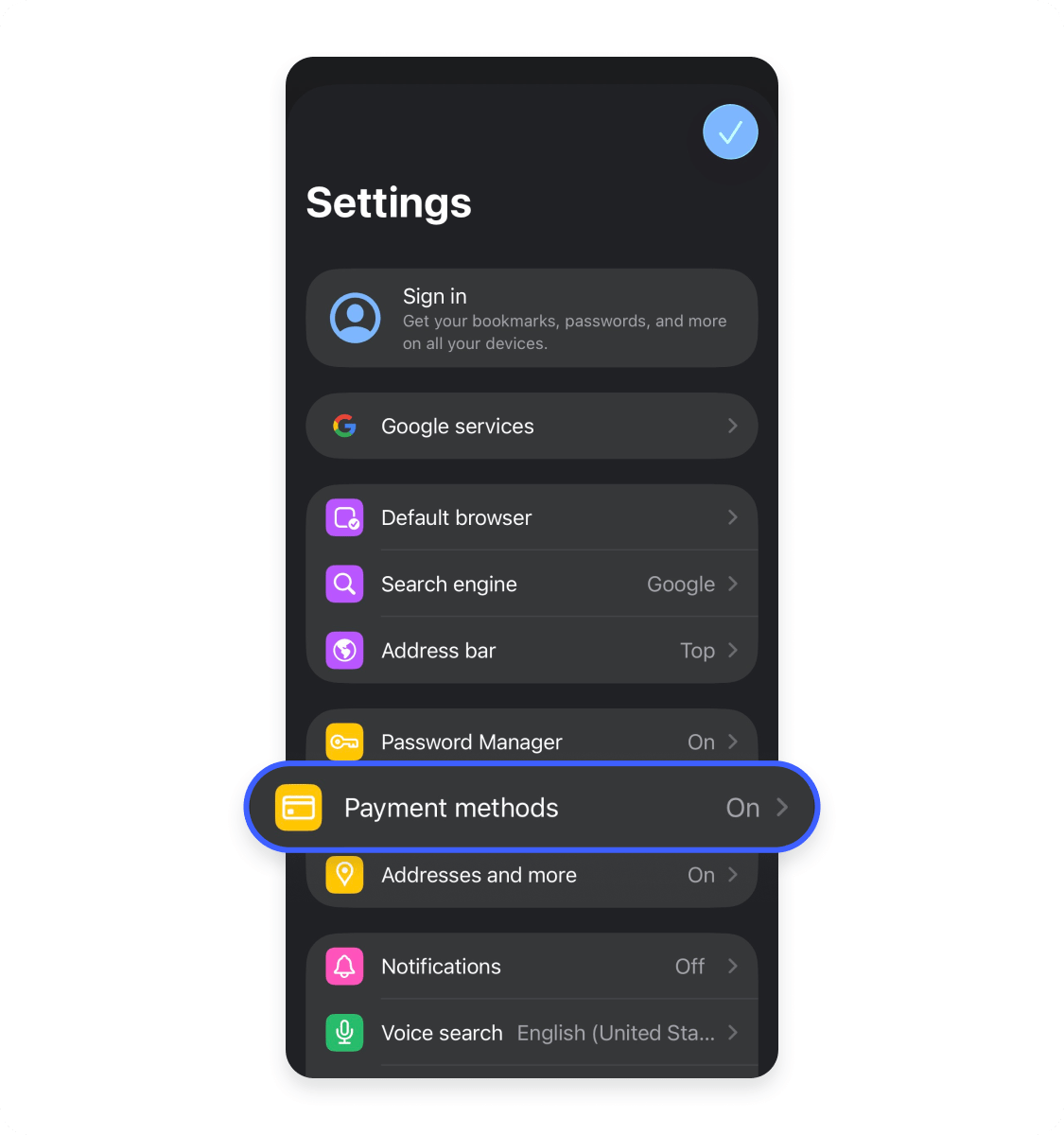 Removing autofill payment cards data in Chrome mobile Step 3
