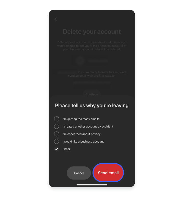 delete pinterest iphone send email