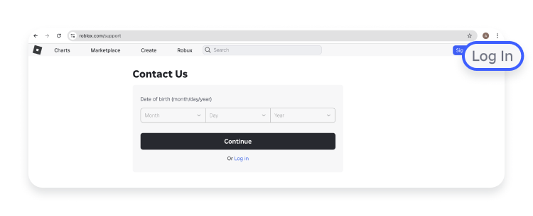 A screenshot of step 1 with the Roblox Support homepage opened in a browser