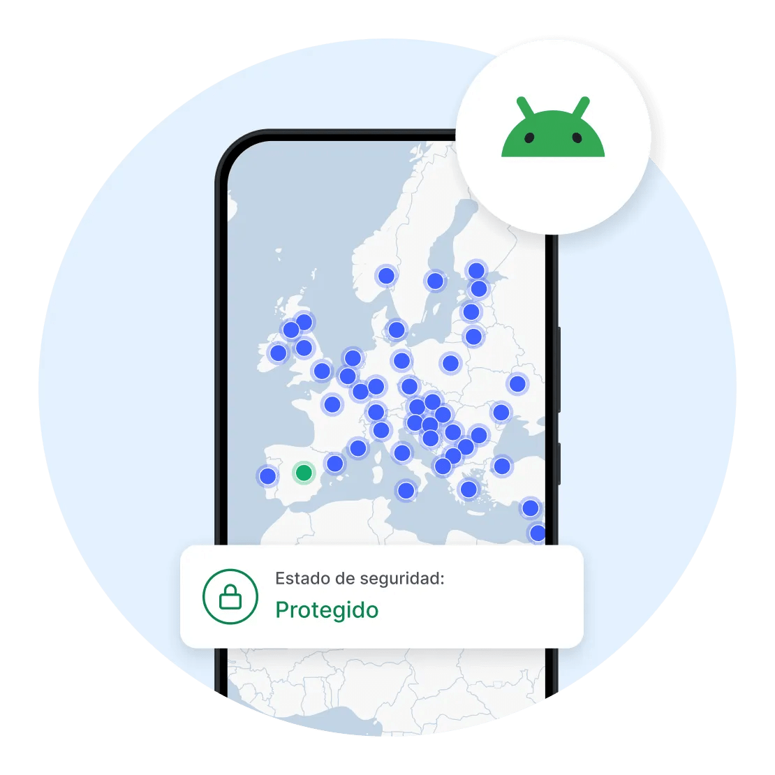 La VPN Client de NordVPN activa en un dispositivo Android, mostrando que la conexión del usuario está cifrada.