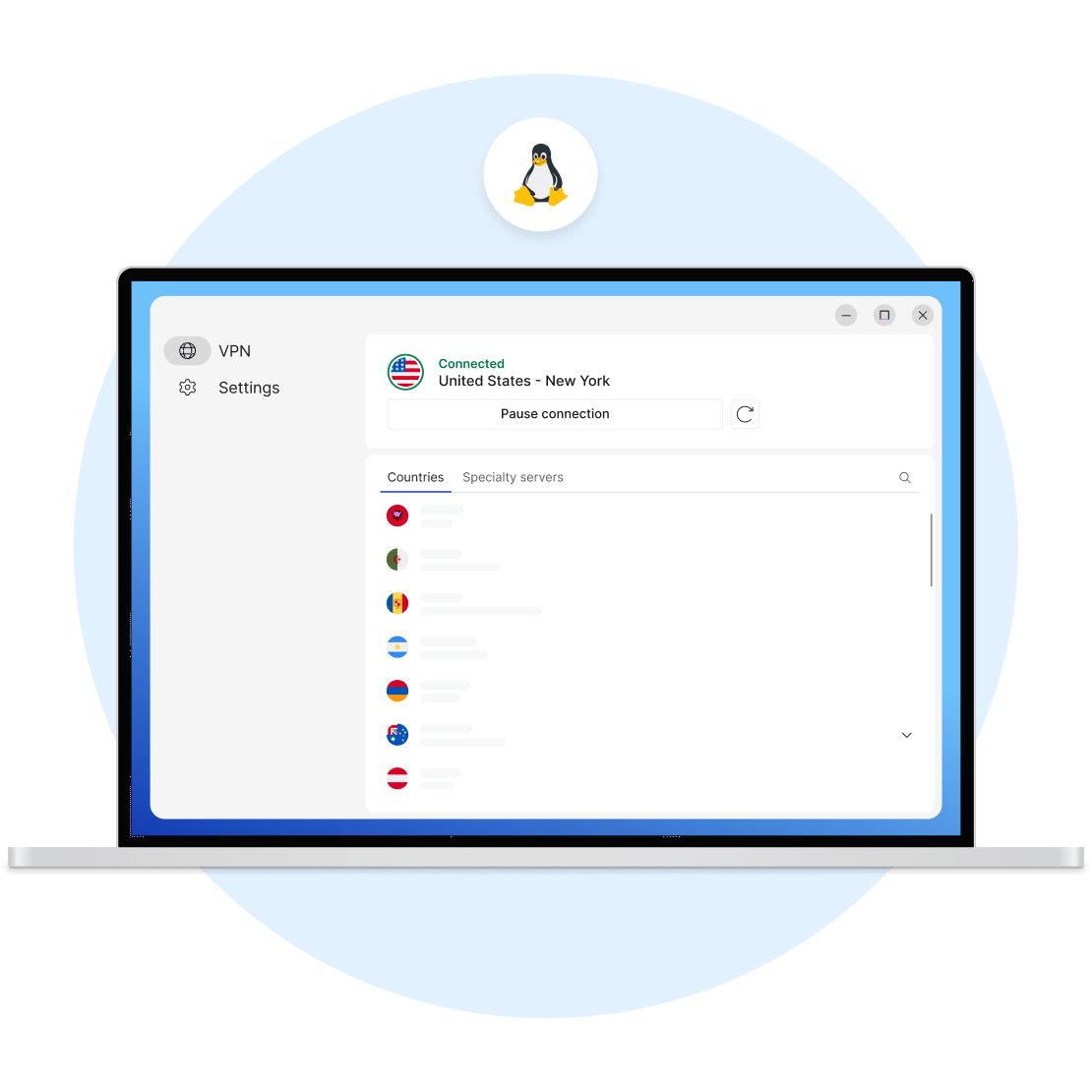 Экран ноутбука с серверами NordVPN в стране — альтернатива бесплатному VPN для Linux.