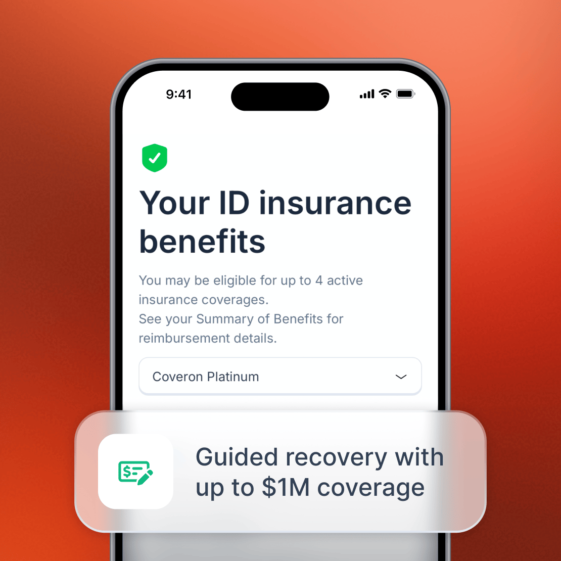 A smartphone with a Coveron app’s “Your ID insurance benefits” screen.