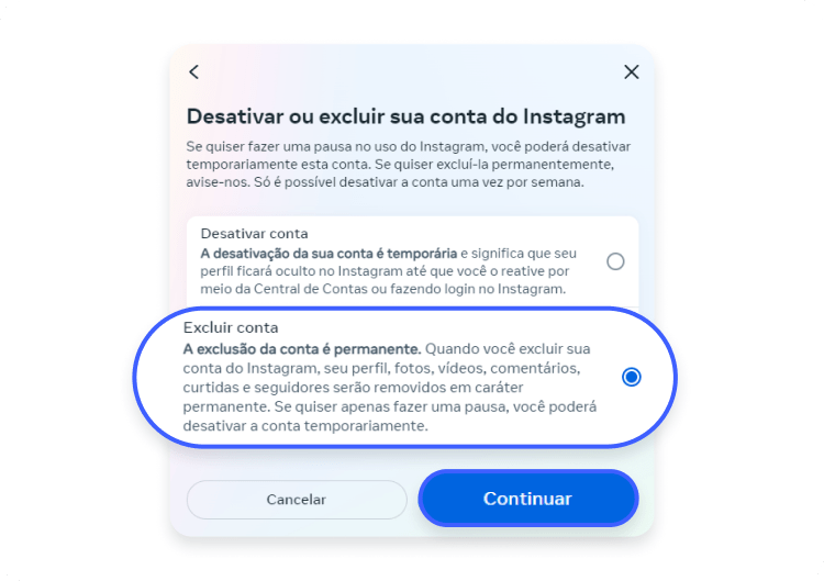 como excluir conta Instagram pelo pc: passo 7