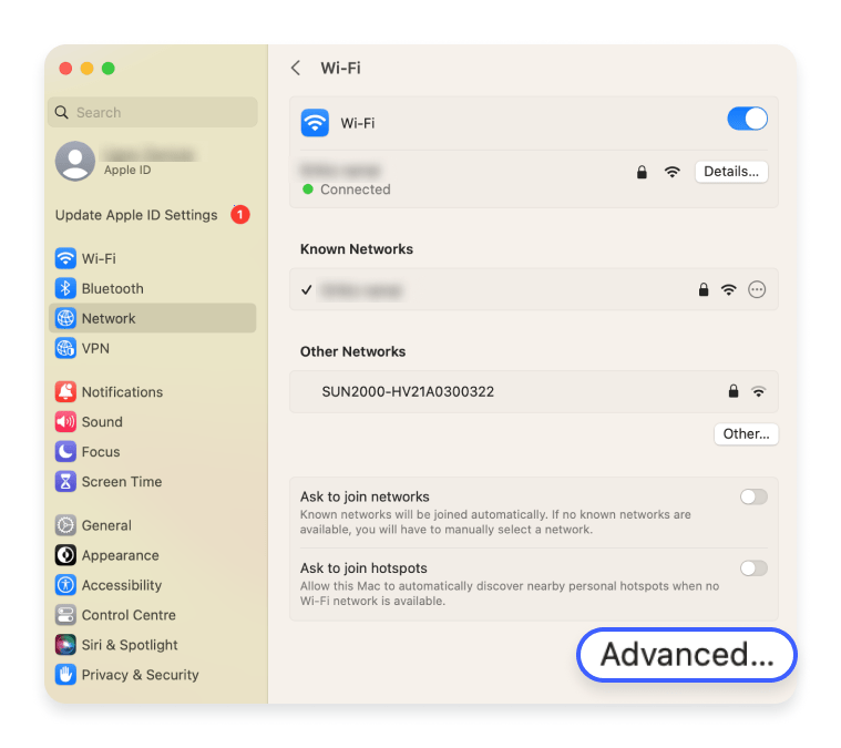 find network security key on macos: step 3 - click advanced