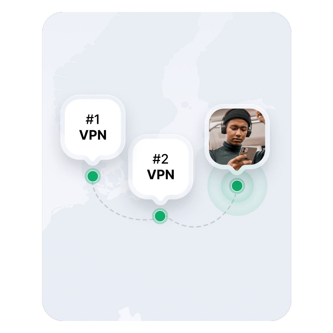 Europos žemėlapis, kuriame parodytos dvi VPN serverių vietos.