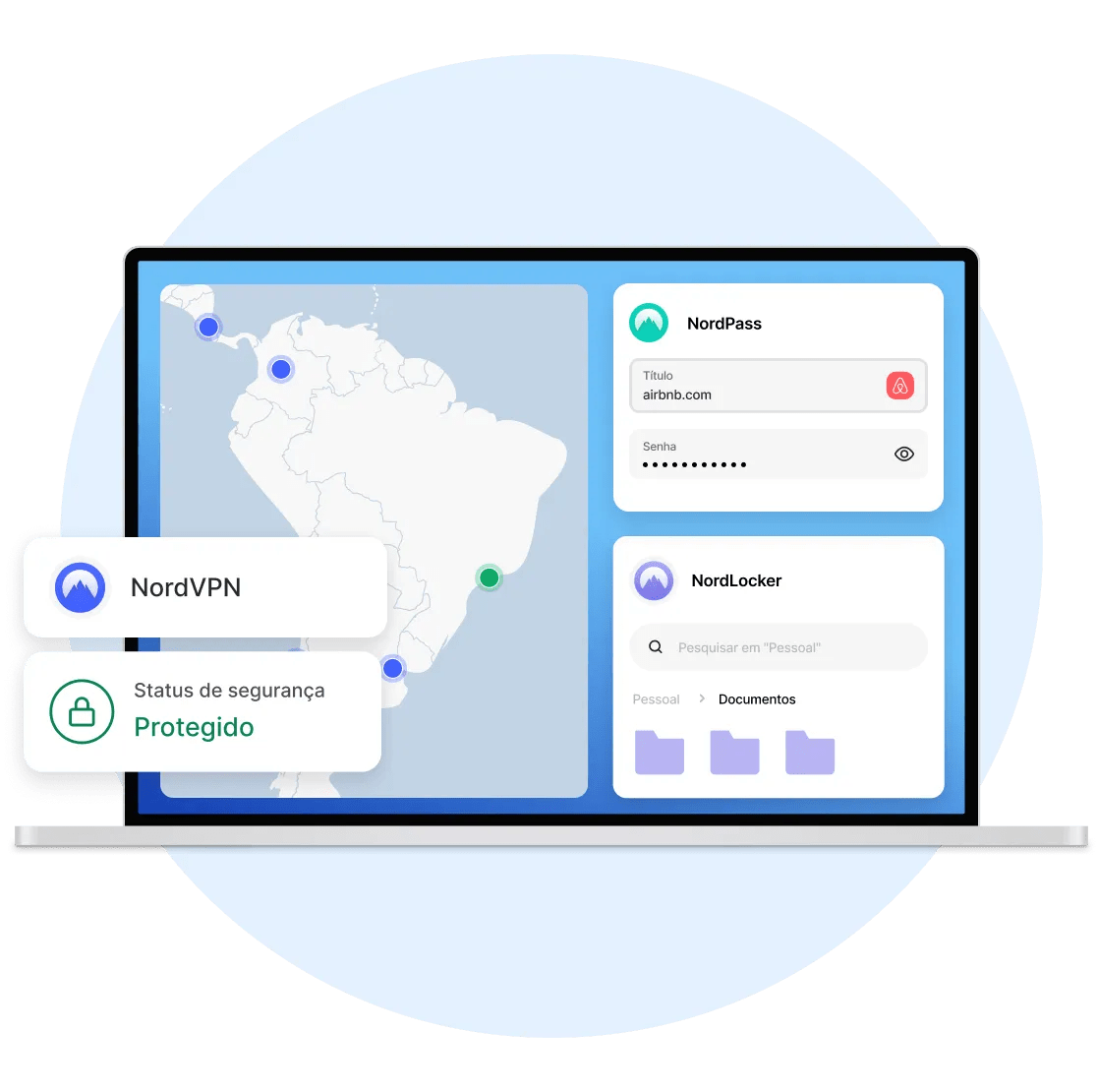 Uma tela de notebook mostrando a NordVPN, o NordPass e o NordLocker instalados e protegendo o usuário.