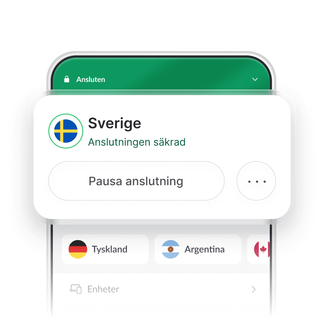 Skärmdump av NordVPN-appens gränssnitt med den svenska servern vald.