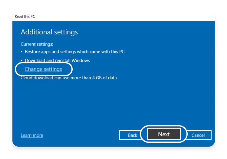 Windows10 Change settings or Next