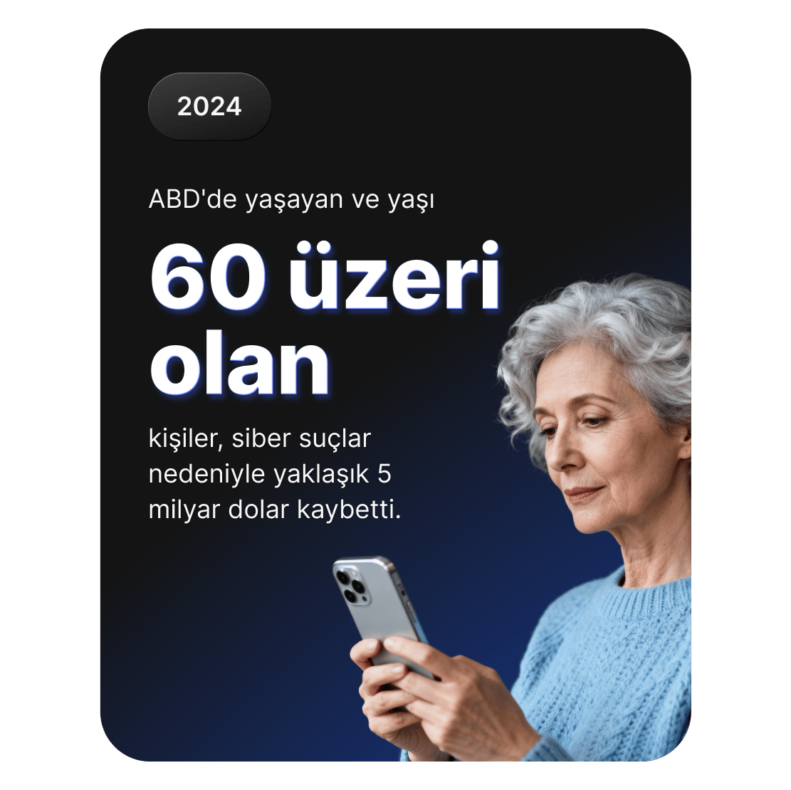 Akıllı telefon kullanan yaşlı bir yetişkin, 60 yaş üstü Amerikalıların siber suçlar nedeniyle kaybettiği yaklaşık 5 milyar $&#39;ı temsil ediyor.