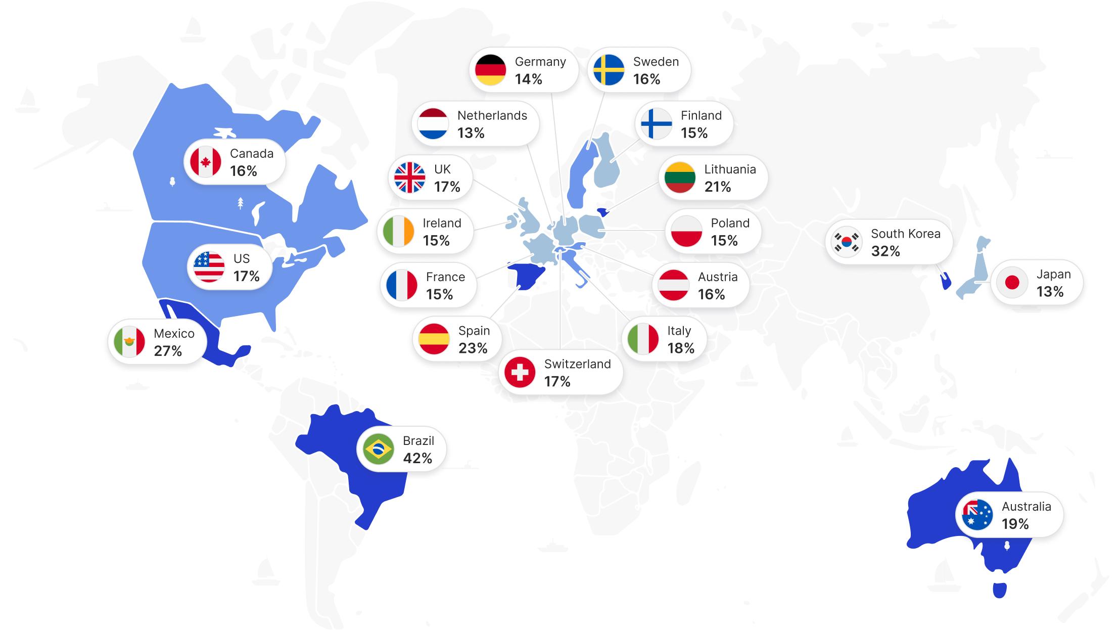 A world map graph showing how much AI impacts users&#39; daily lives across different countries.