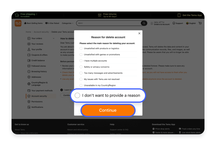 How to delete your Temu account via the website 5