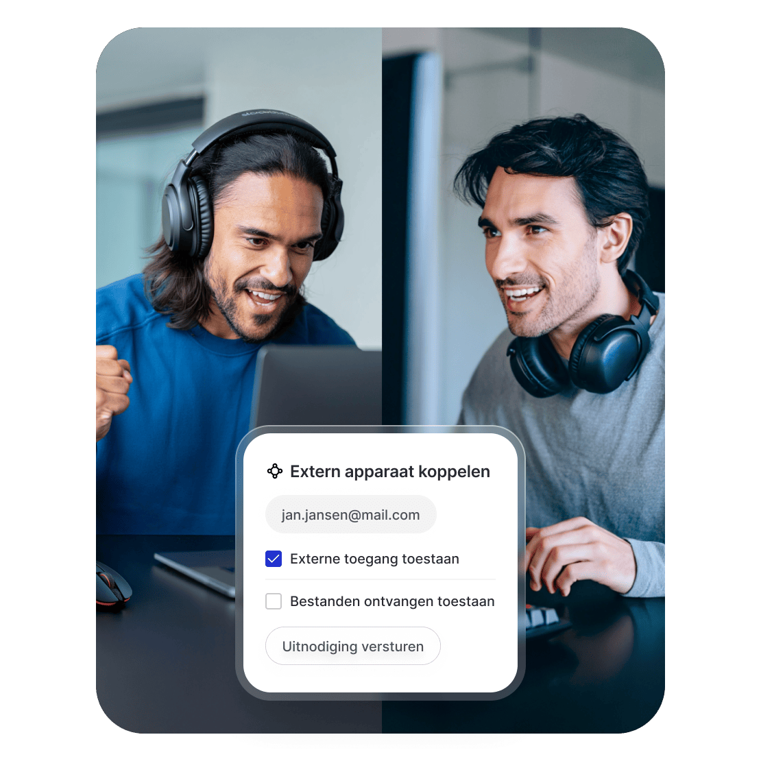 Twee mensen die Meshnet gebruiken om videogames te spelen op hun computers.