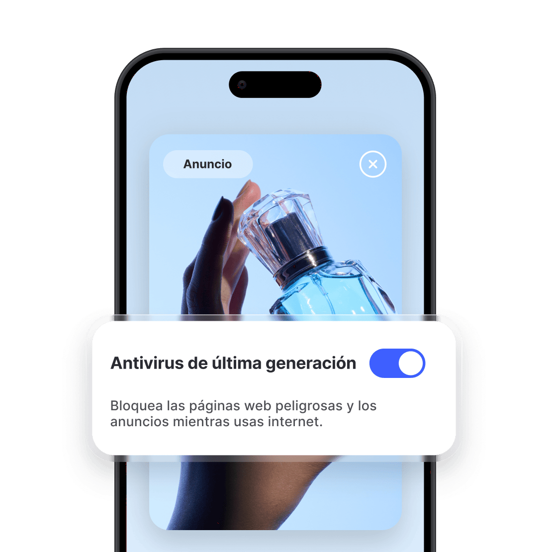 La pantalla de un smartphone con el anuncio de un perfume y la función Protección contra amenazas activada, lo que pone en marcha el bloqueador de anuncios de NordVPN.