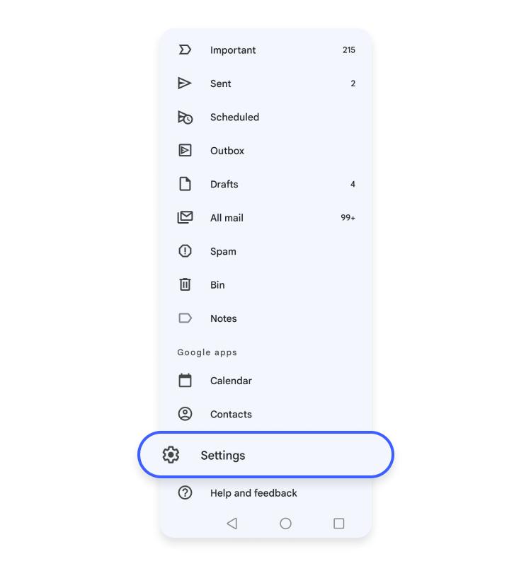 Gmail Settings menu on Android