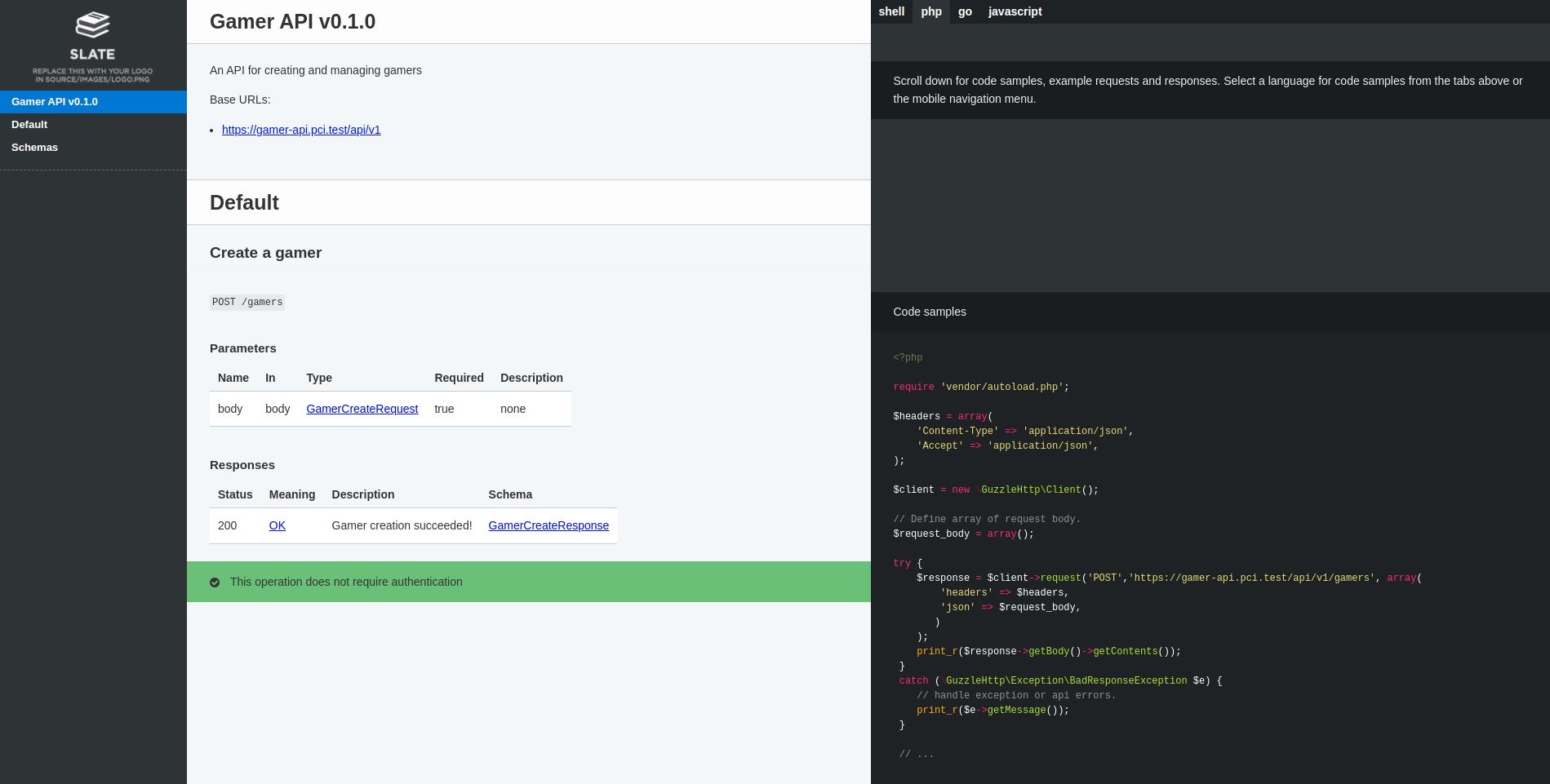 Slate documentation generated for the Gamer API, with parameters and code samples.
