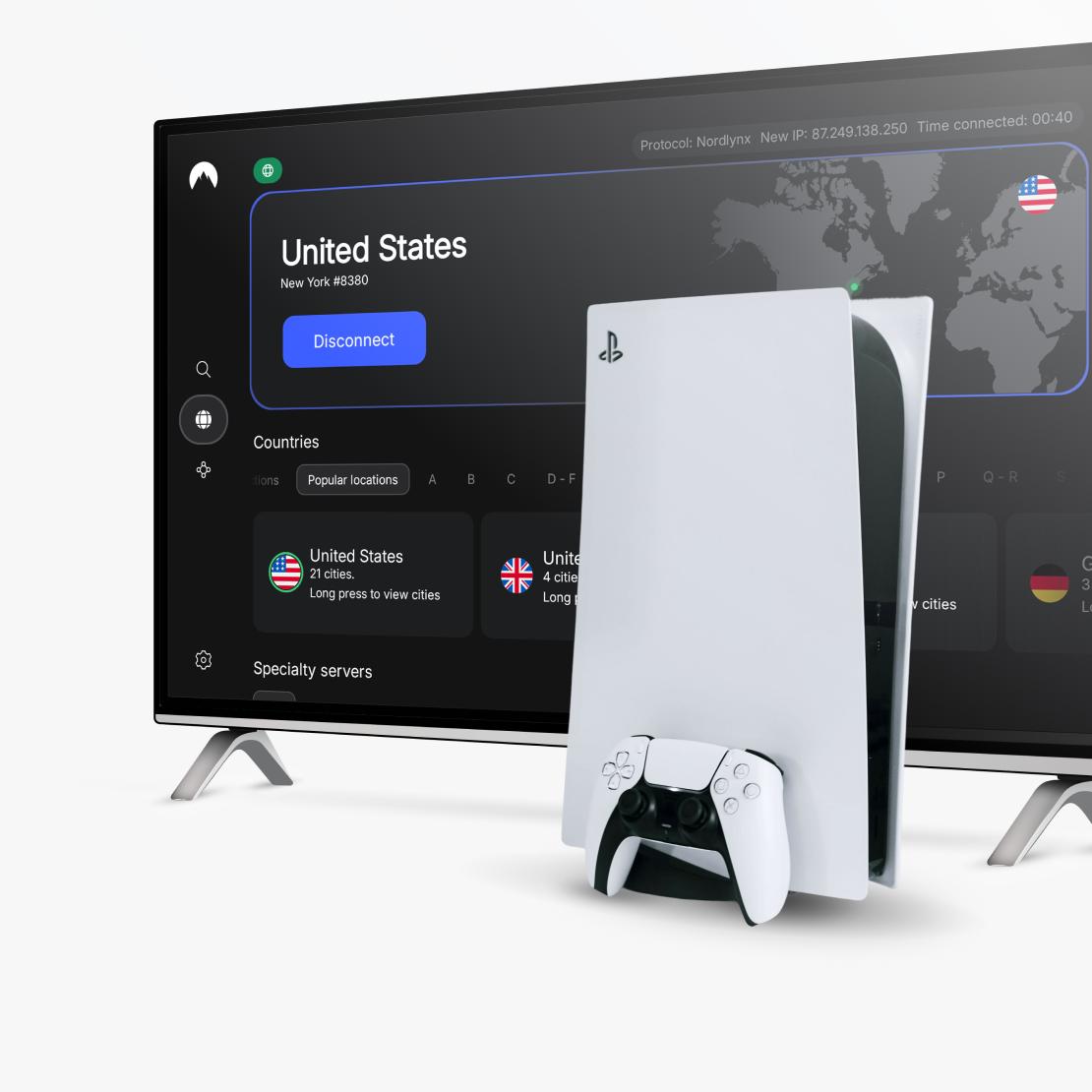 PS5 dan TV, dengan layar menunjukkan bahwa pengguna menggunakan VPN untuk bermain game di PS5.