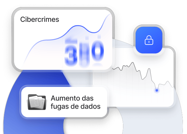 Painel de cibercrime que mostra o aumento das fugas de dados e as tendências de segurança, ao lado de um ícone de cadeado que representa a segurança.