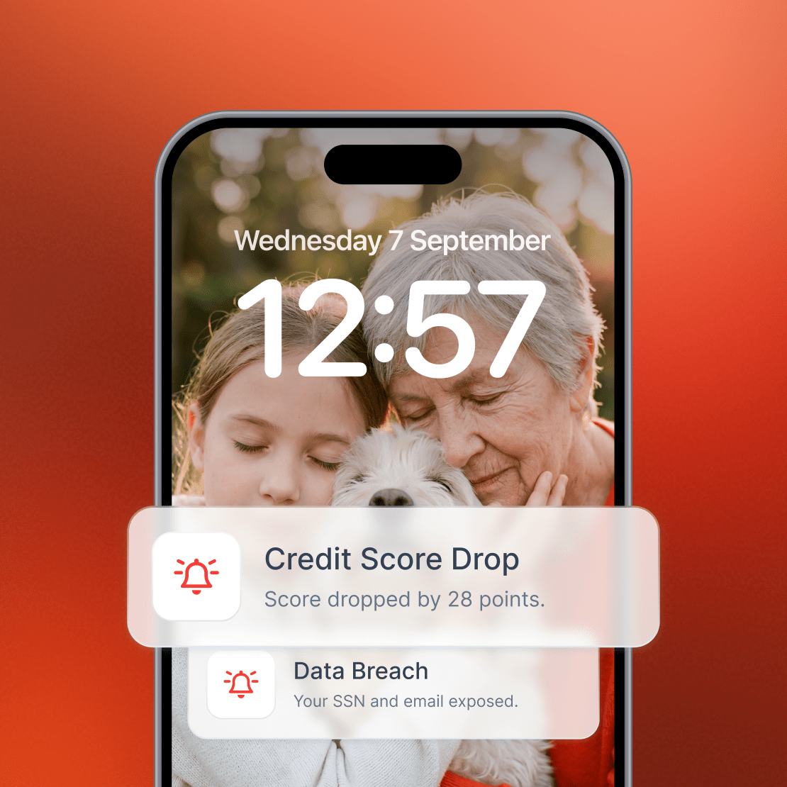 A smartphone screen that shows Coveron’s credit score drop and data breach alerts.