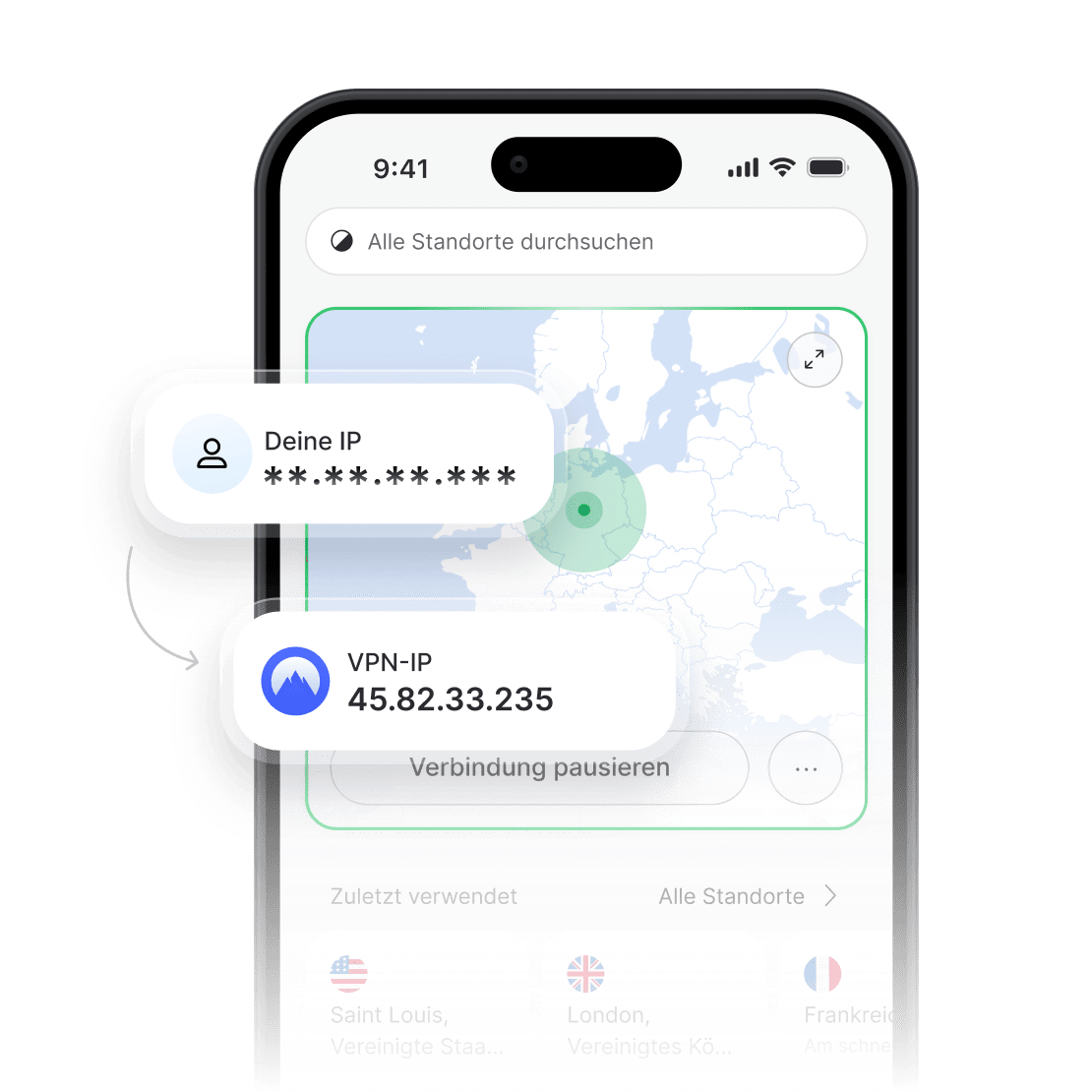 Die NordVPN-App zeigt eine verborgene echte IP-Adresse und eine neue VPN-IP-Adresse an.