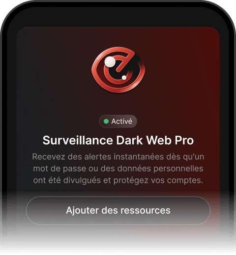 Interface de Surveillance Dark Web Pro indiquant que la fonctionnalité est active et configurée pour envoyer des alertes sur les fuites de données personnelles.