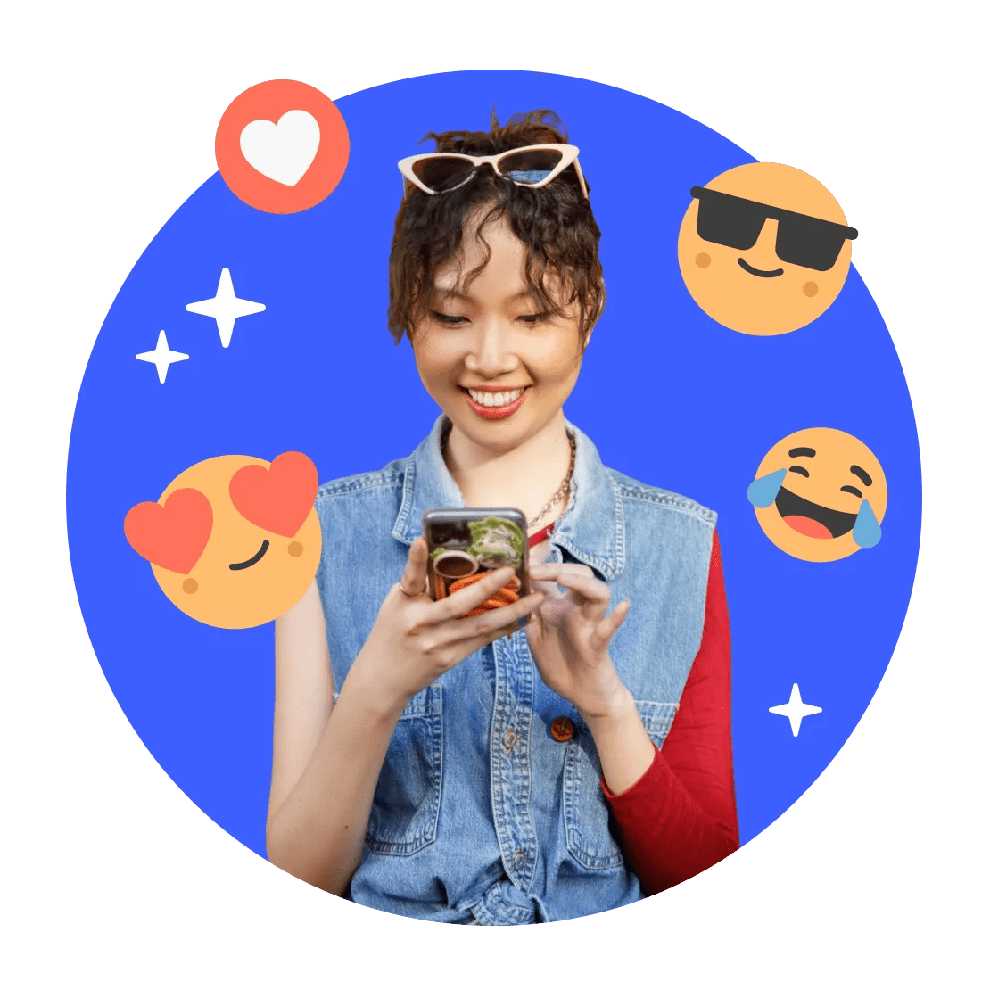 A woman happily browses TikTok on her smartphone after using NordVPN to unblock it.
