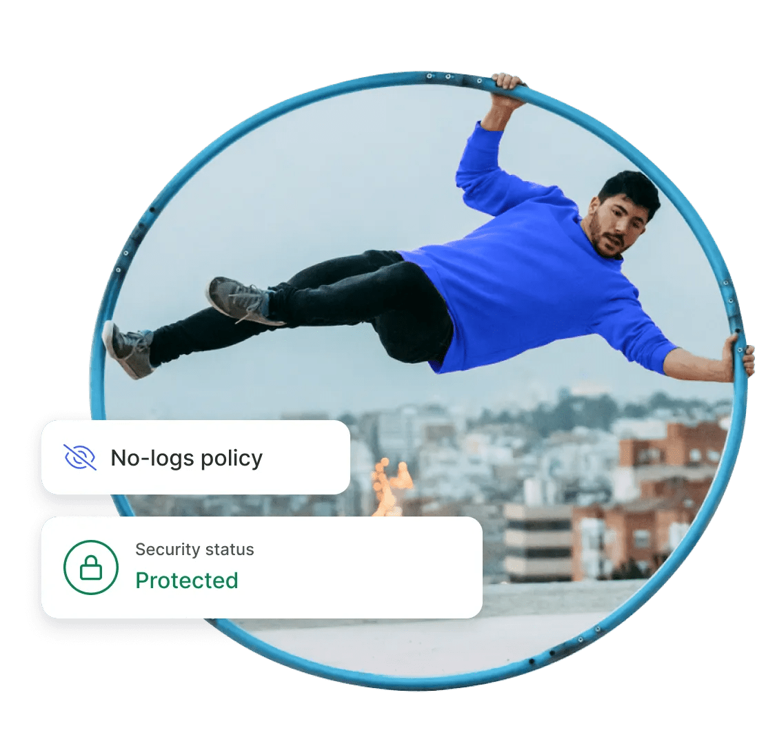 A person balancing on a Cyr wheel, feeling free and secure, knowing that NordVPN doesn’t log their internet traffic.