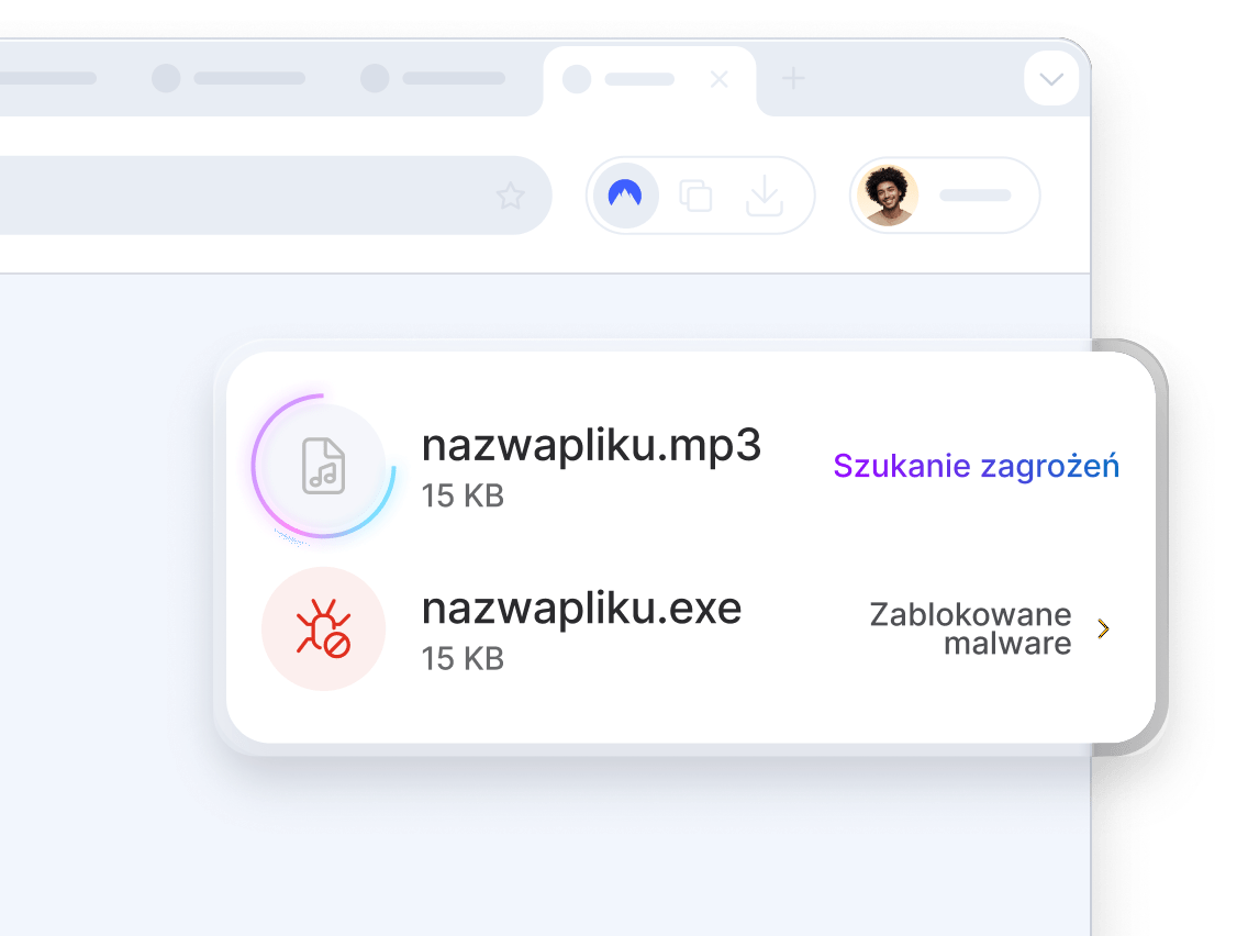 Ekran przeglądarki pokazujący, jak nowoczesny antywirus skanuje plik MP3 w poszukiwaniu zagrożeń i blokuje plik EXE zawierający złośliwe oprogramowanie.