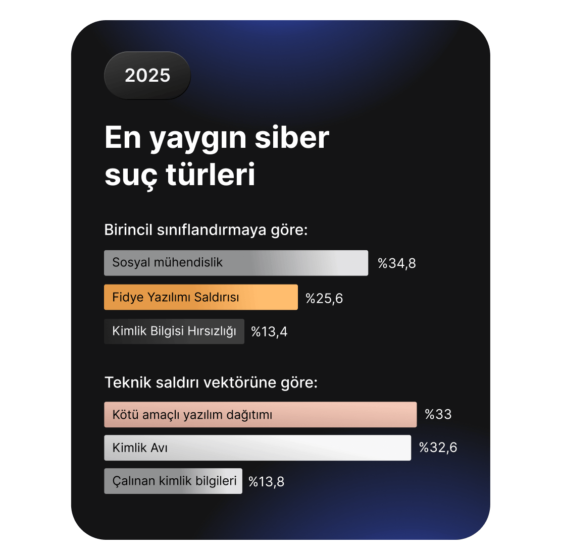 Başta sosyal mühendislik ve fidye yazılımı olmak üzere yaygın siber suç türlerini karşılaştıran çubuk grafikler.