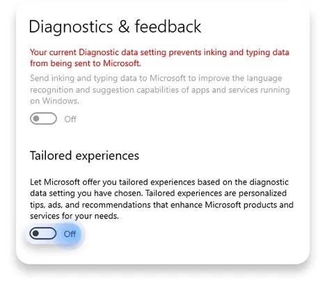 Turn tailored experienes off