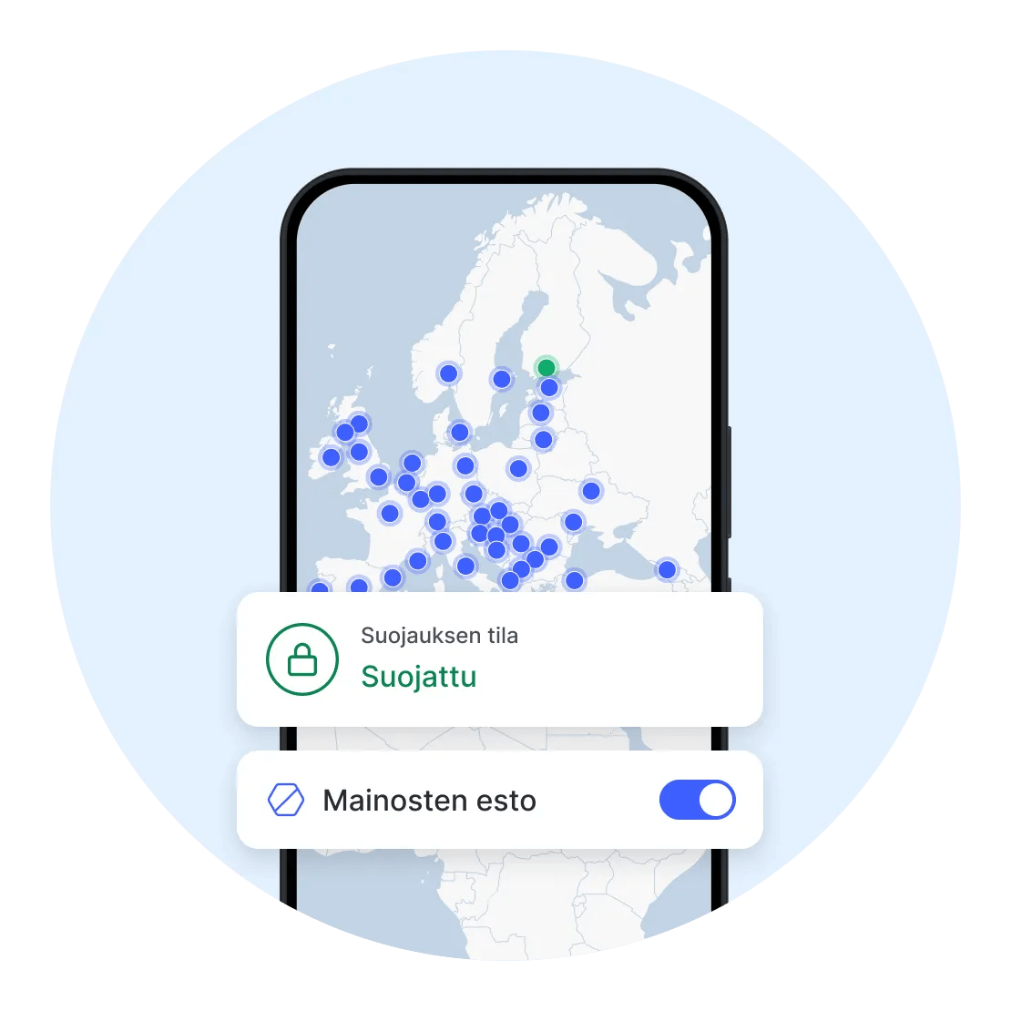 NordVPN:n mobiilisovellus, jossa on mainosten esto päällä
