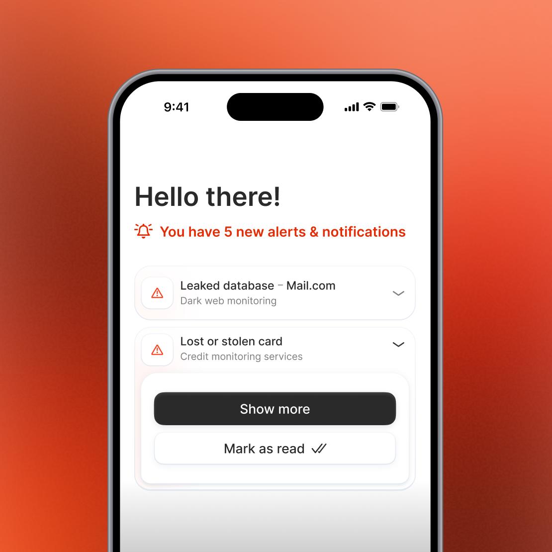 The Coveron app displays dark web alerts for a leaked email account and a lost or stolen card.