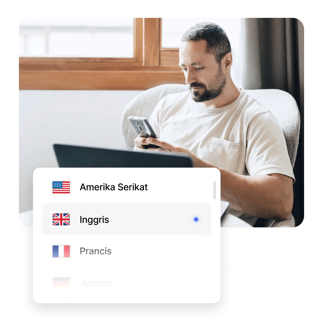 Seorang pria menjelajahi internet saat terhubung ke server VPN di Inggris